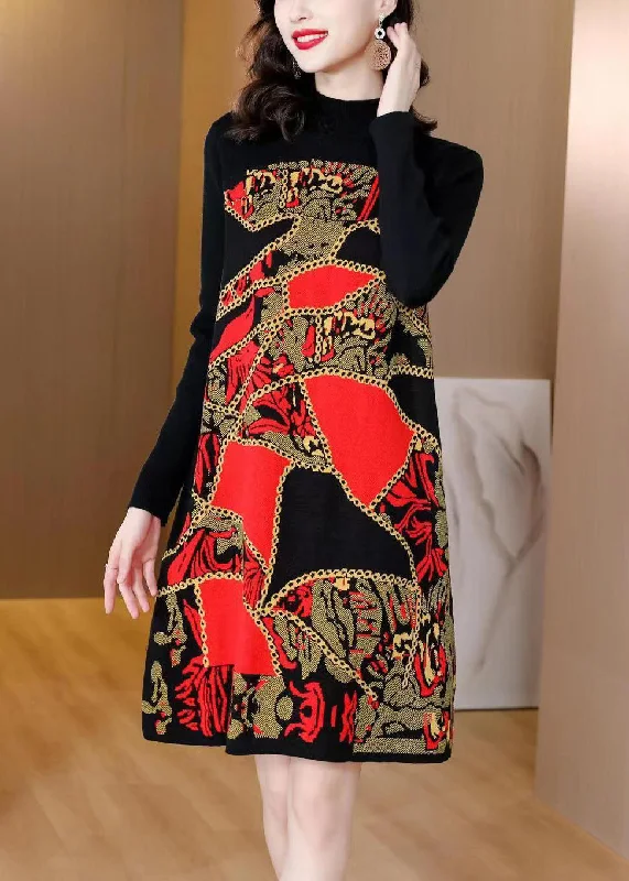 midi shift dressesBeautiful Red Print Patchwork Cotton Knit Mid Dress Winter