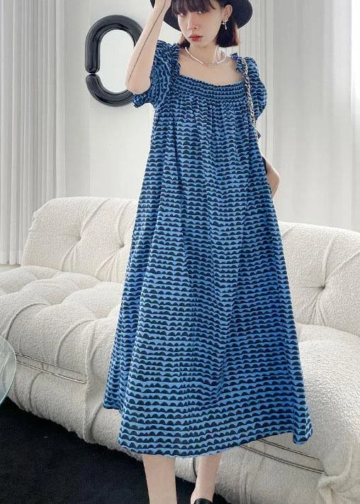 plus-size casual midi dressesItalian Blue Print Square Collar Puff Sleeve Cotton Mid Dress