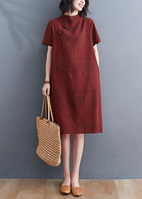 midi dresses with sheer sleevesChinese Style Red Plaid Patchwork Cotton Mid Dress Short Sleeve