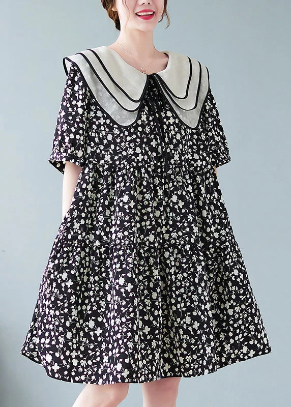 mini midi dressesFine Black Peter Pan Collar Wrinkled Print Patchwork Cotton Mid Dresses Summer