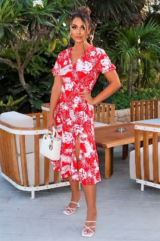 high-low midi dressesRed White Short Sleeve Floral Print Midaxi Dress