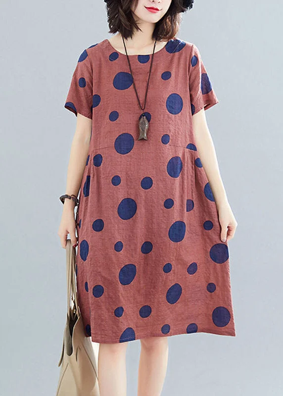 high-slit midi dressesCasual BrownO-Neck Dot Print Mid Dresses Short Sleeve