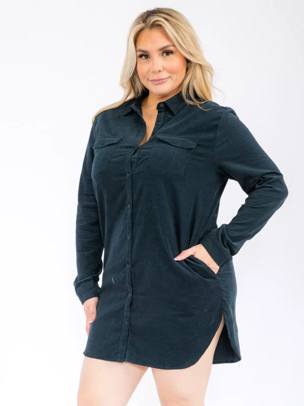 plus-size Mimi dresses in stockPLUS SIZE LONG SLEEVE BUTTON UP FRONT POCKETS MINI DRESS