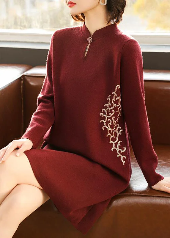 midi dresses for autumnClassy Mulberry Stand Collar Wool Mid Knit Dress Spring