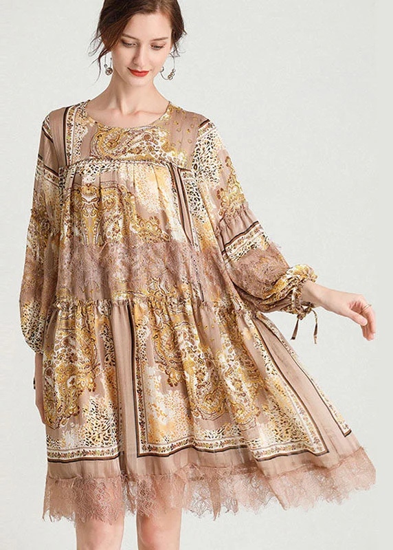 midi dresses with pocketsOrganic Yellow Print Patchwork Lace Mid Dress Fall Chiffon Dress