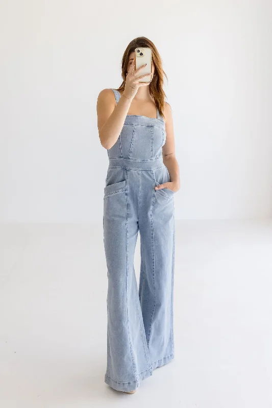 women's jumpsuits for statement fashionJoey Sleeveless Wide Leg Denim Jumpsuit Light Wash