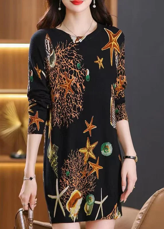 midi dresses made of silkStylish Black O Neck Print Woolen Mid Sweater Dress Spring