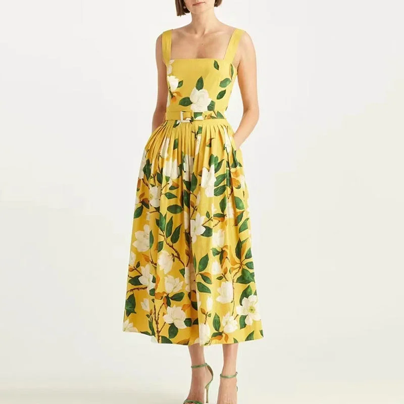 midi dresses for springFrench New Yellow Printed Suspender Skirt 2022 Spring And Summer New Self-cultivation High Waist A-line Mid-length Dress