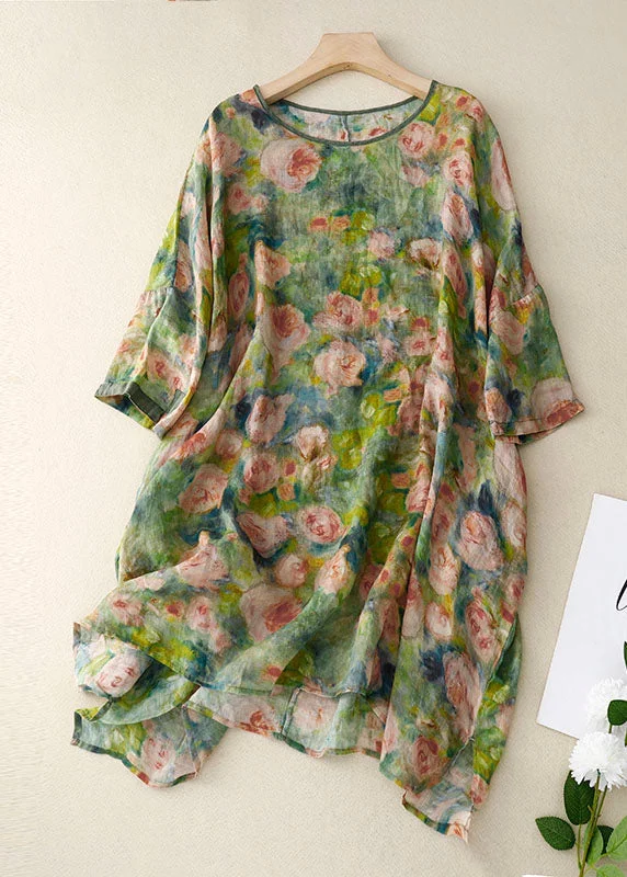 lightweight midi dressesVintage Green O Neck Print Patchwork Linen Mid Dress Bracelet Sleeve