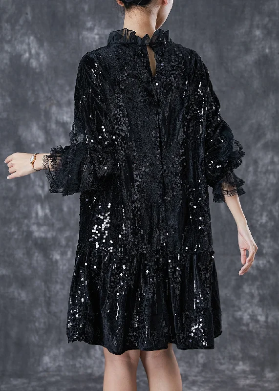 midi dresses with adjustable strapsElegant Black Sequins Patchwork Velour Mid Dresses Spring