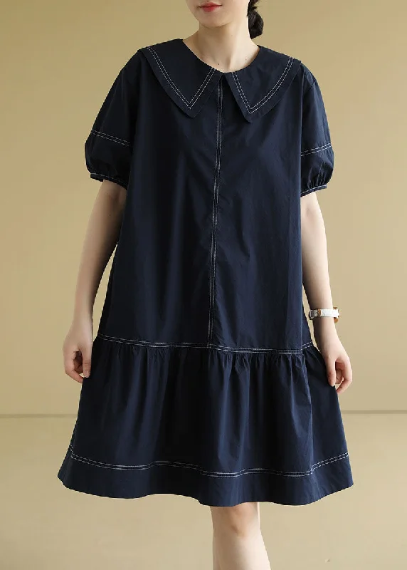 tulle midi dressesPlus Size Navy Peter Pan Collar Patchwork Cotton Mid Dress Short Sleeve