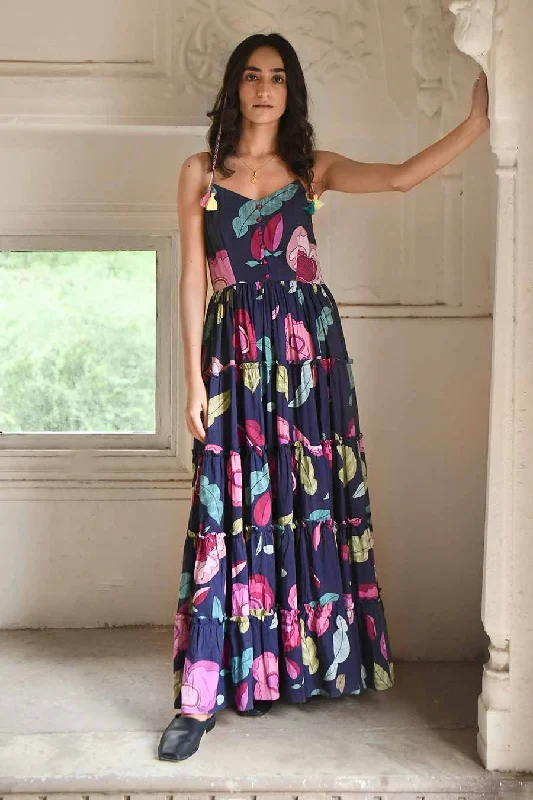 midi dresses for weddingsMidnight Blue Floral Print Dress