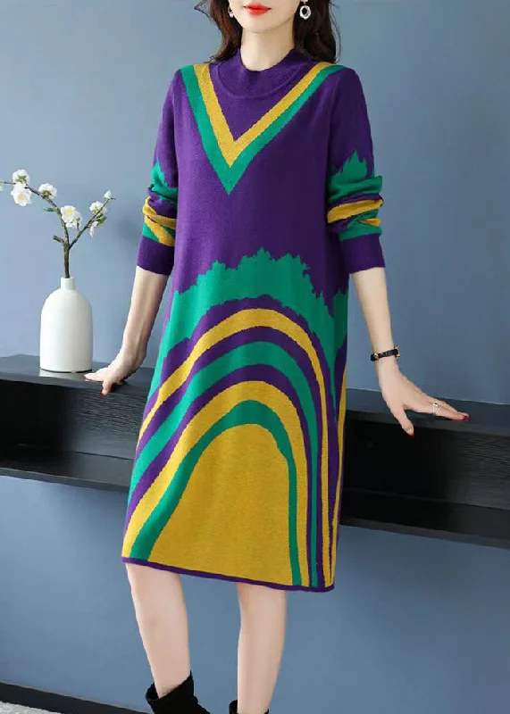 midi dresses for autumnLoose Purple Print Cozy Knit Mid Dress Long Sleeve