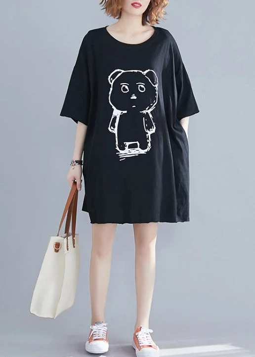 midi dresses with buttonsClassy Black O-Neck Bear Print Cotton Mid Dresses Summer