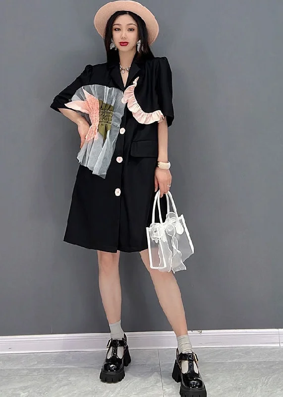 polyester midi dressesSimple Black Notched Collar Ruffled Tulle Patchwork Mid Dress Short Sleeve