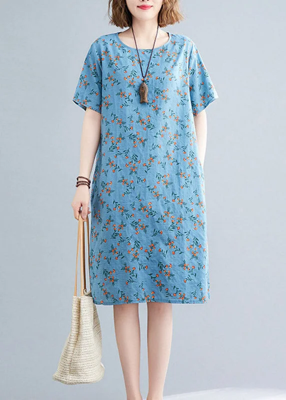 lace-trimmed midi dressesLoose Flower number Two O-Neck Print Linen Mid Dress Short Sleeve