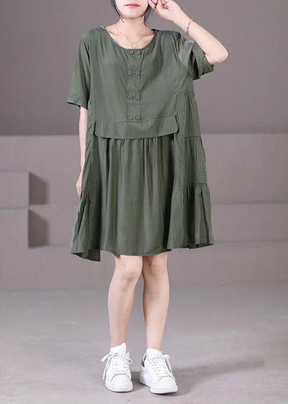 midi dresses made of silkBoutique Army Green O-Neck Wrinkled Patchwork Cotton Mid Dresses Short Sleeve