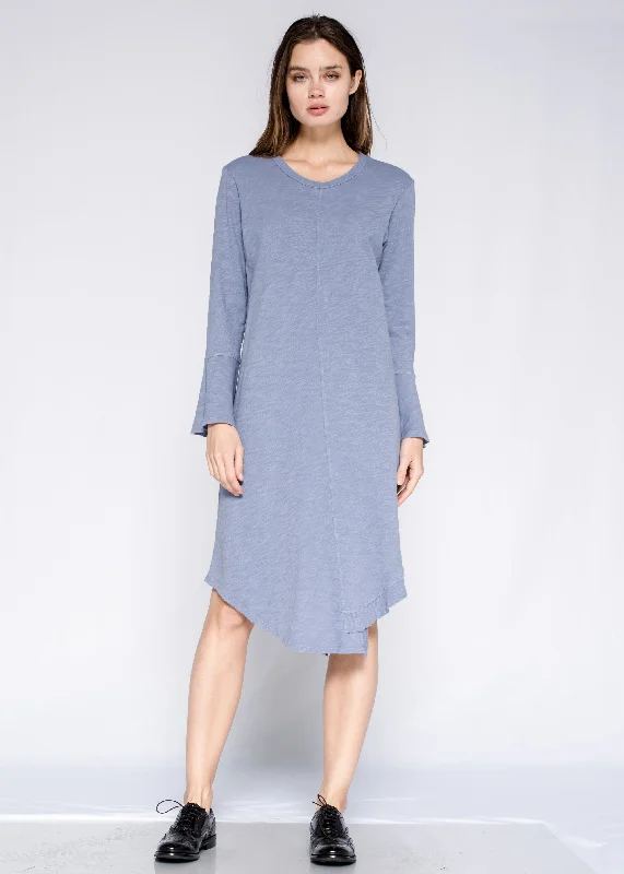 lined midi dressesShifted Slant Rib Mix Crew Mid Calf Shirt Dress w/Bell Sleeve