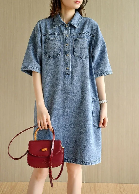 midi dresses for springCasual Denim Blue Peter Pan Collar Pockets Summer Cotton Mid Dress Half Sleeve