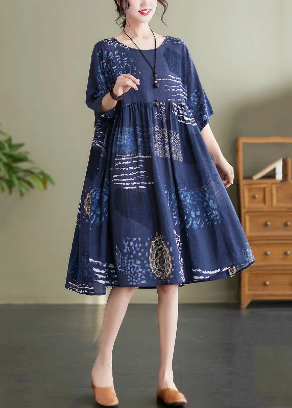 affordable midi dressesArt Navy O Neck Print Wrinkled Patchwork Cotton Mid Dresses Summer