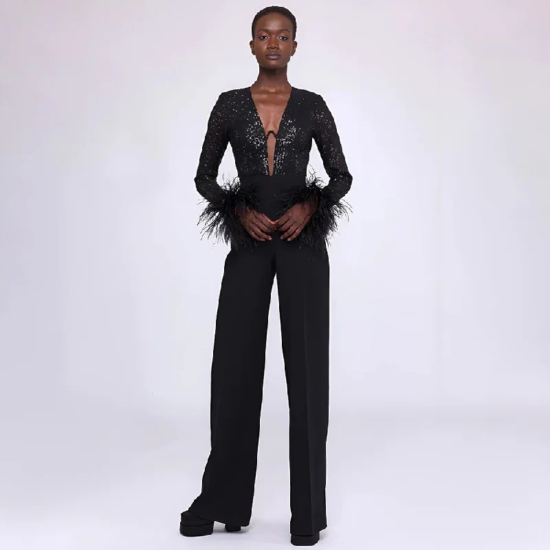 women's jumpsuits for machine-washable fabricsIKEARLAX 2025 women's clothing early autumn new popular black long-sleeved beaded feather jumpsuit women's New thin jumpsuit