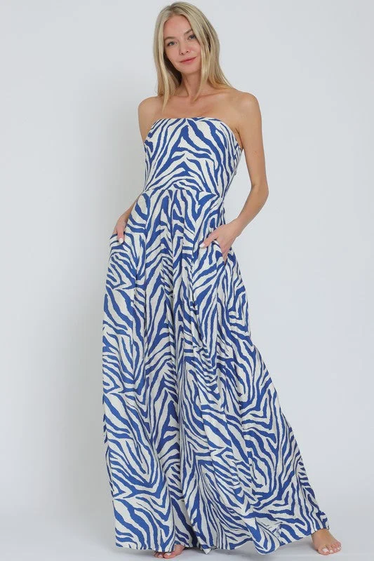 women's jumpsuits for effortless eleganceFrancis Sleeveless Zebra Print Wide Leg Jumpsuit Blue