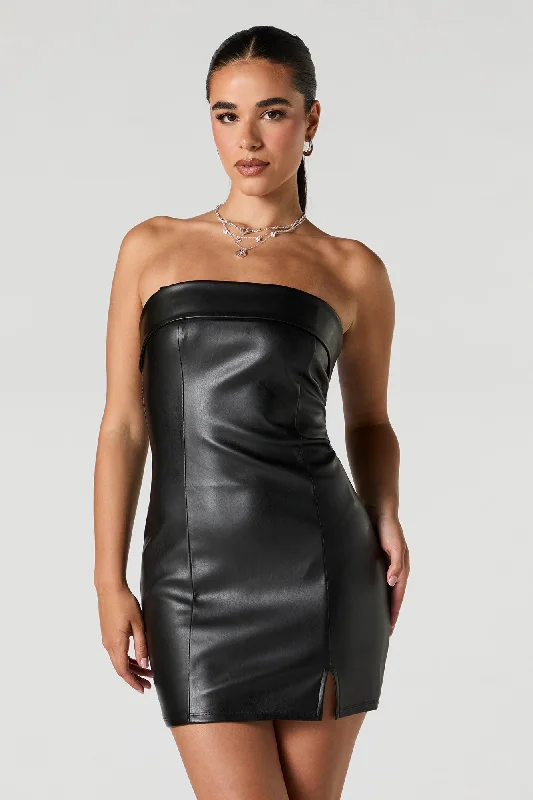 elegant and sophisticated Mimi dresses for a night out on the town.Faux Leather Strapless Mini Dress