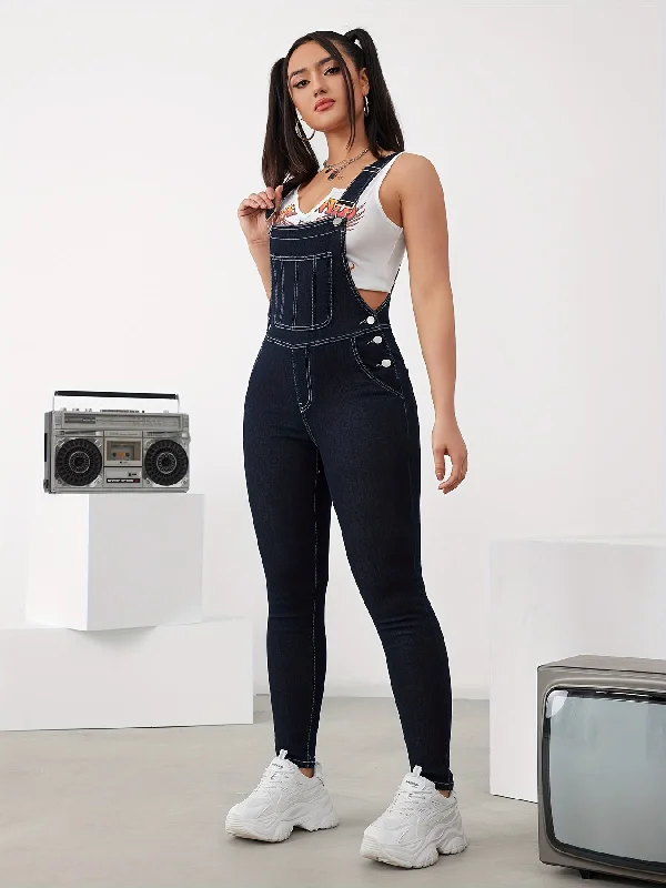 women's jumpsuits with round necksWomens Chic Denim Overalls Jumpsuit - Comfortable High-Elastic Fit, Adjustable Straps for Customizable Style, Flattering Elegant Silhouette - Premium Denim Jeans & Fashion Clothing Essential