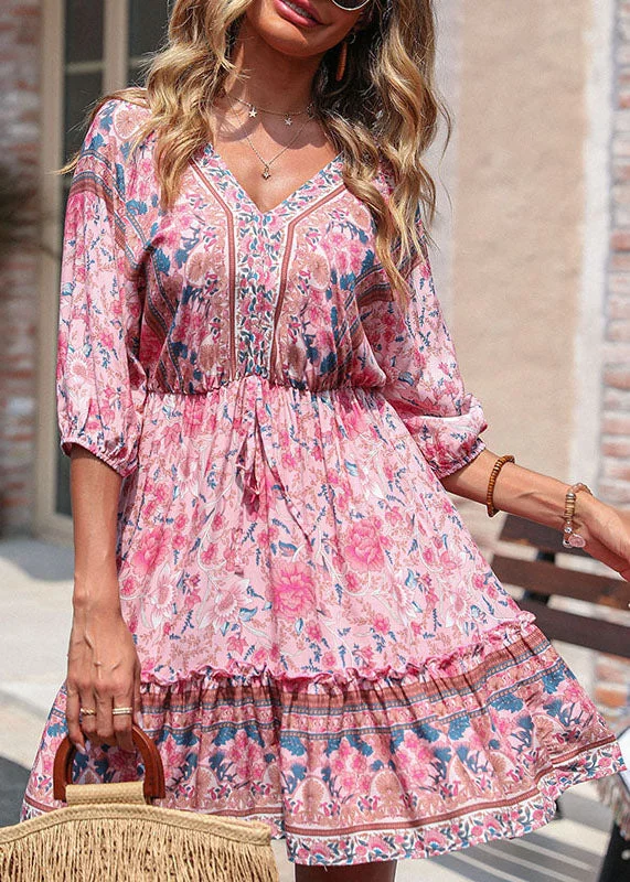 button-down midi dressesCute Pink V Neck Ruffled Patchwork Print Cotton Cinch Mid Dresses Half Sleeve