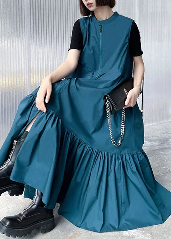 flowy midi dressesFashion Blue Stand Collar tie waist Zip Up Mid Dress Spring