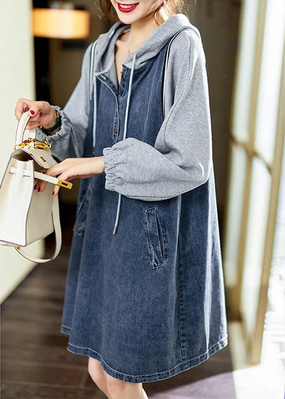 high-low midi dressesBoutique Blue hooded Pockets Button Patchwork Fall Long sleeve Denim Mid Dress