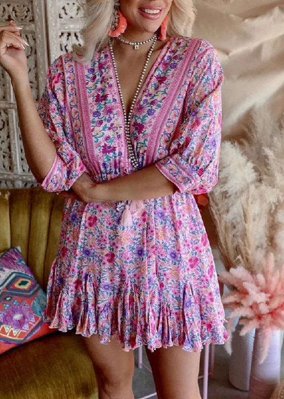 body-hugging midi dressesBohemian Pink Asymmetrical Design Print Backless Outfit Mid Dress Half Sleeve