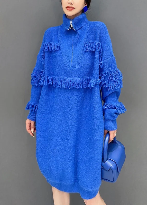 midi dresses with pocketsItalian Royal Blue Zip Up Tasseled Cotton Knit Mid Dress Long Sleeve