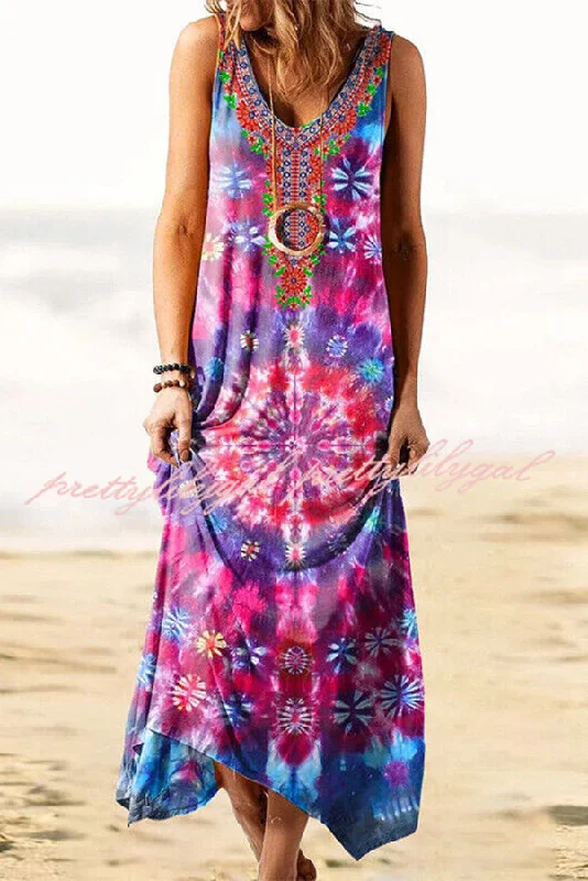 midi wrap dressesPlay In Paradise Tie-dye Print Loose Tank Mid Dress