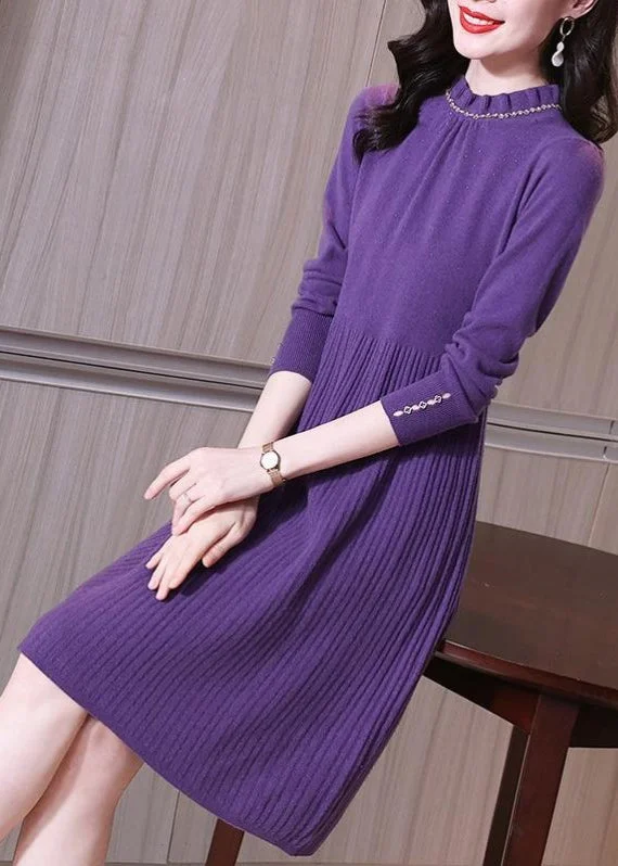 midi dresses for winterFine Purple Ruffled Patchwork Cotton Knit Mid Sweaters Dress Spring