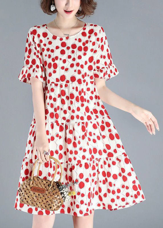 lightweight chiffon midi dressesSexy Red O-Neck Dot Print Wrinkled Mid Dresses Short Sleeve