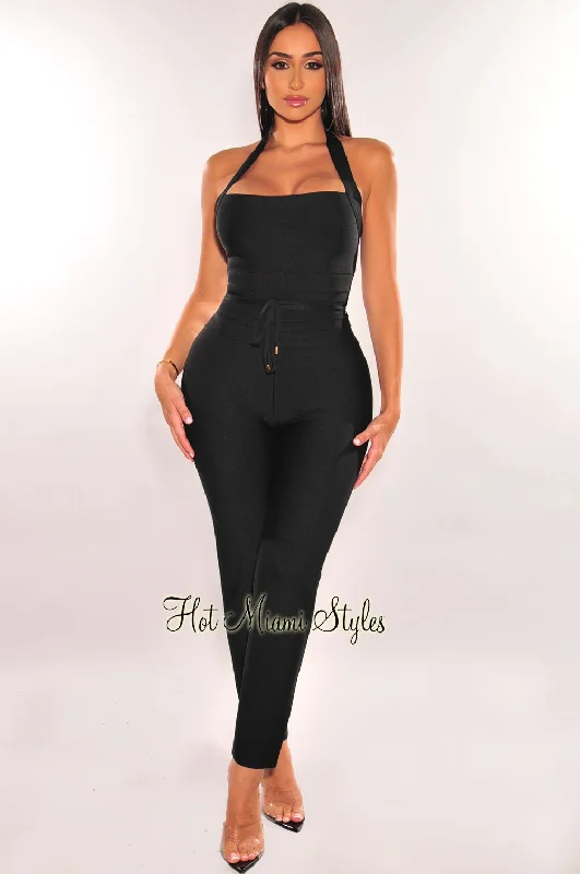 women's jumpsuits for formal eventsWAIST SNATCHED: Black Bandage Halter Belted Jumpsuit