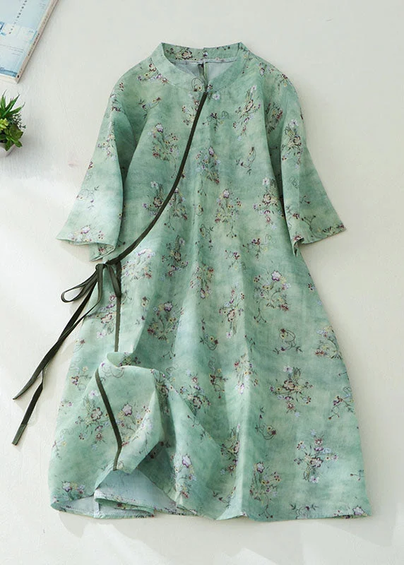 midi dresses with zippersGreen Print Linen Mid Dress Mandarin Collar Tie Waist Half Sleeve