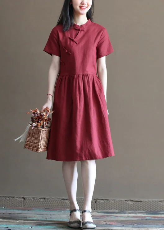 midi pencil dressesArt Solid Mulberry Stand Collar Cinched Pockets Linen Mid Dress Short Sleeve