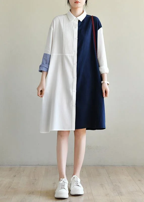 midi dresses with sleevesUnique Navy Patchwork White Peter Pan Collar Cotton Spring Mid Dress