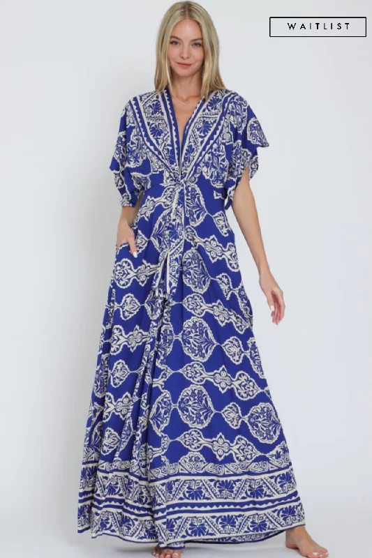 women's jumpsuits for versatile stylingWaitlist 2/10 ♥ Amberlynn Kimono Sleeve Front Tie Printed Wide Leg Jumpsuit Blue