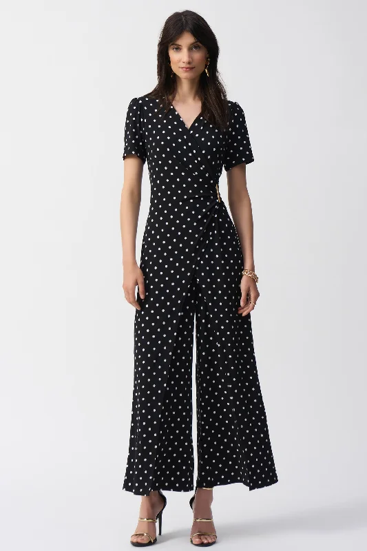 women's jumpsuits with rufflesBLACK VANILLA DOT PRINT WRAP JUMPSUIT