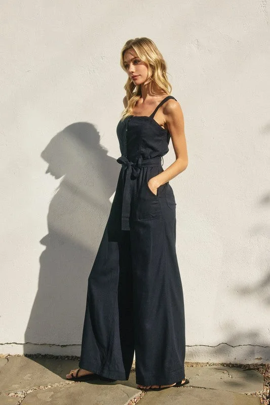 women's jumpsuits for maximalist fashionBailey Sleeveless Waist Tie Wide Leg Jumpsuit Navy