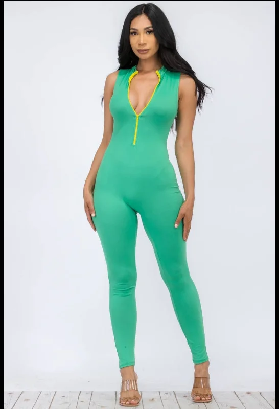 women's jumpsuits with rufflesGreen Plus size sleeveless mock neckline Jumpsuit