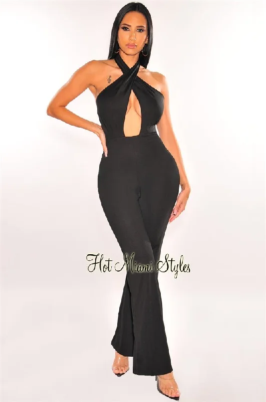 women's jumpsuits with off-the-shoulder necksBlack Halter CrissCross Cut Out Palazzo Jumpsuit