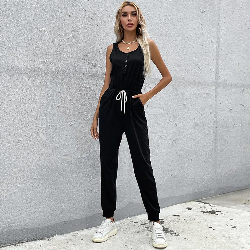 women's jumpsuits with zippersIKEARLAX New Popular trade women's clothing popular spring and summer new casual sports drawstring solid color vest knitted jumpsuit