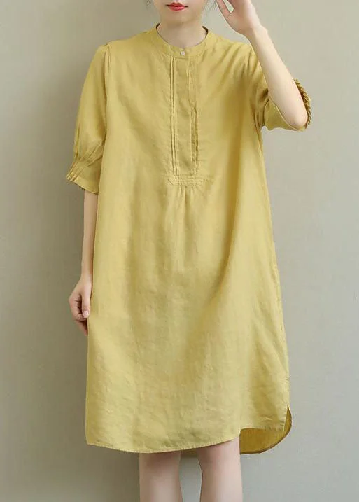 midi dresses without sleevesChic Yellow side open Cotton Mid Dress Half Sleeve