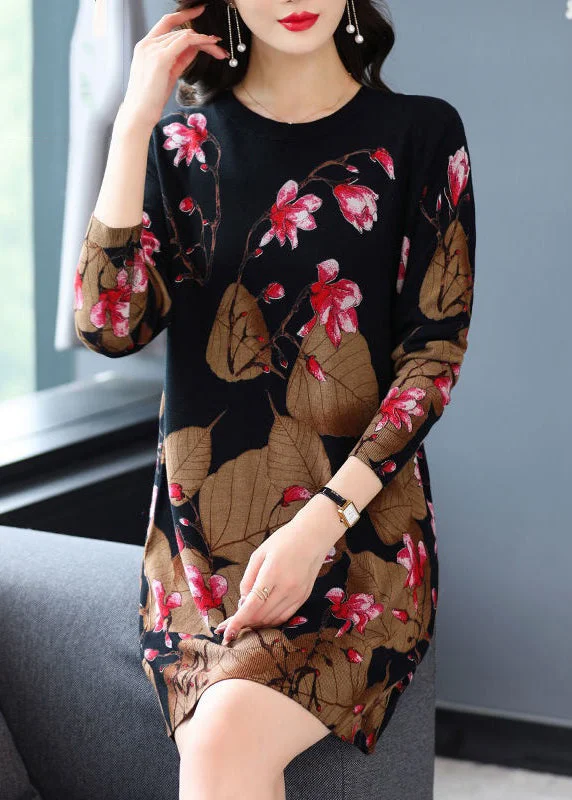 long midi dressesLoose Black O-Neck Print Knit Mid Dress Spring