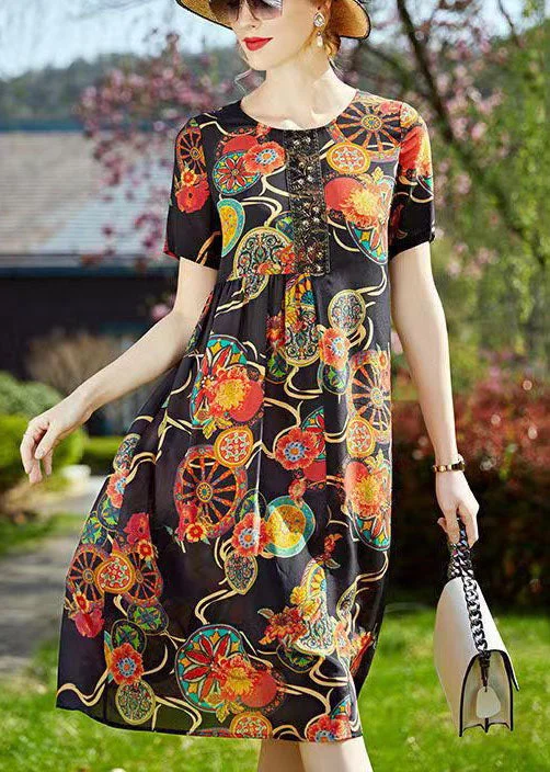 open-back midi dressesVintage Black O-Neck Print Wrinkled Silk Mid Dresses Short Sleeve