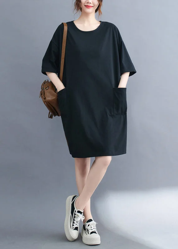 comfortable midi dressesClassy Black Oversized Pockets Cotton Mid Dress Summer